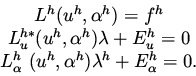\begin{eqnarray*}
\begin{array}{c}
L^h(u^h, \alpha ^h) = f^h \\
L_u^{h*} (u^h,...
...^h \ (u^h, \alpha ^h) \lambda ^h + E_{\alpha}^h = 0.
\end{array}\end{eqnarray*}