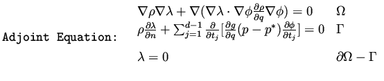 $\displaystyle \mbox{\tt Adjoint Equation: }
\begin{array}{ll}
\nabla \rho \nabl...
... 0 & \Gamma \\  \vspace{2mm}
\lambda = 0 & \partial \Omega - \Gamma
\end{array}$