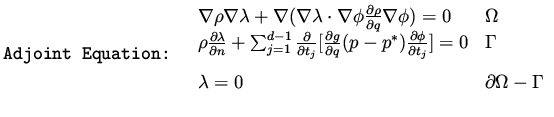 $\displaystyle \mbox{\tt Adjoint Equation: }
\begin{array}{ll}
\nabla \rho \nabl...
... 0 & \Gamma \\ \vspace{2mm}
\lambda = 0 & \partial \Omega - \Gamma
\end{array}$