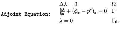 $\displaystyle \mbox{\tt Adjoint Equation: }
\begin{array}{ll}
\Delta \lambda = ...
..._x - p^* )_x = 0 & \Gamma \\  \vspace{2mm}
\lambda = 0 & \Gamma _0.
\end{array}$