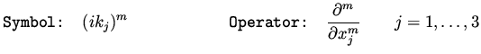 $\displaystyle \mbox{\tt Symbol: }(i k_j) ^m \qquad\qquad\qquad \mbox{\tt Operator: }\frac{\partial ^m } {\partial x_j^m} \qquad j=1, \dots, 3$